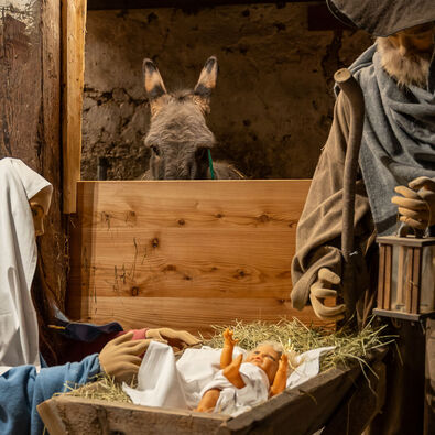 Das Bild zeigt eine Weihnachtskrippe im Heimatmuseum Sixenhof in Achenkirch mit Figuren von Maria, Josef und einem Neugeborenen im Stroh. Im Hintergrund ist ein Esel zu sehen.