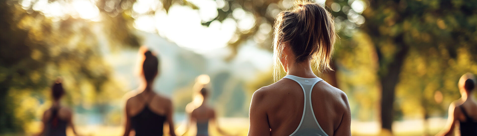 Eine Gruppe von Frauen praktiziert im Freien Yoga. Die Hauptperson sitzt im Lotussitz mit geschlossenen Augen und meditierendem Ausdruck. Sie trägt ein weißes Oberteil und schwarze Leggings. Die Umgebung ist grün und sonnig, was eine entspannte Atmosphäre schafft.