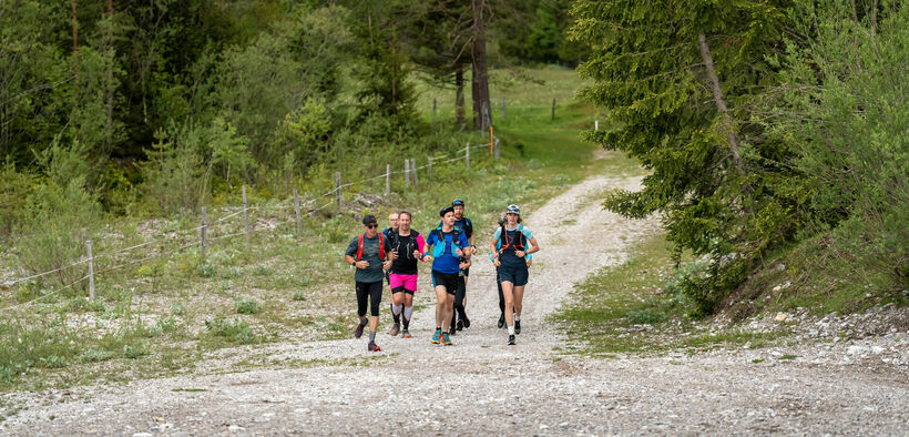 Eine Läufergruppe unterwegs auf Schotterwegen in der Naturlandschaft am Achensee.