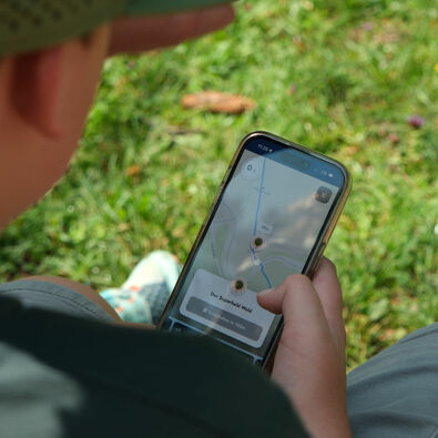 Eine Familie erkundet spielerisch mit dem Handy die wundersame Welt der Fauna und Flora des Naturparks Karwendel auf dem „Achensee Natur Erlebnispfad“.