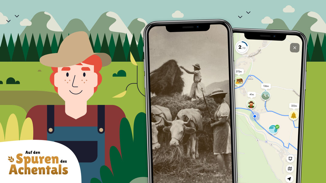 Eine Illustration zeigt einen freundlich lächelnden Landwirt mit rotem Haar und einem Hut, der vor einer grünen Landschaft mit Bergen und Bäumen steht. Neben ihm befinden sich zwei Smartphones: eines zeigt ein historisches Bild von Landarbeit, das andere eine digitale Karte mit Wegpunkten zu Sehenswürdigkeiten.