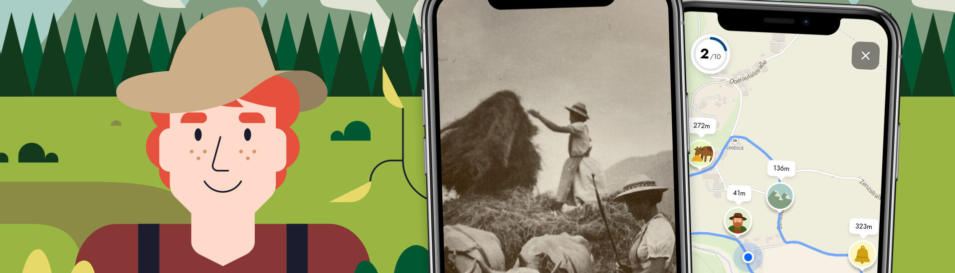 Eine Illustration zeigt einen freundlich lächelnden Landwirt mit rotem Haar und einem Hut, der vor einer grünen Landschaft mit Bergen und Bäumen steht. Neben ihm befinden sich zwei Smartphones: eines zeigt ein historisches Bild von Landarbeit, das andere eine digitale Karte mit Wegpunkten zu Sehenswürdigkeiten.