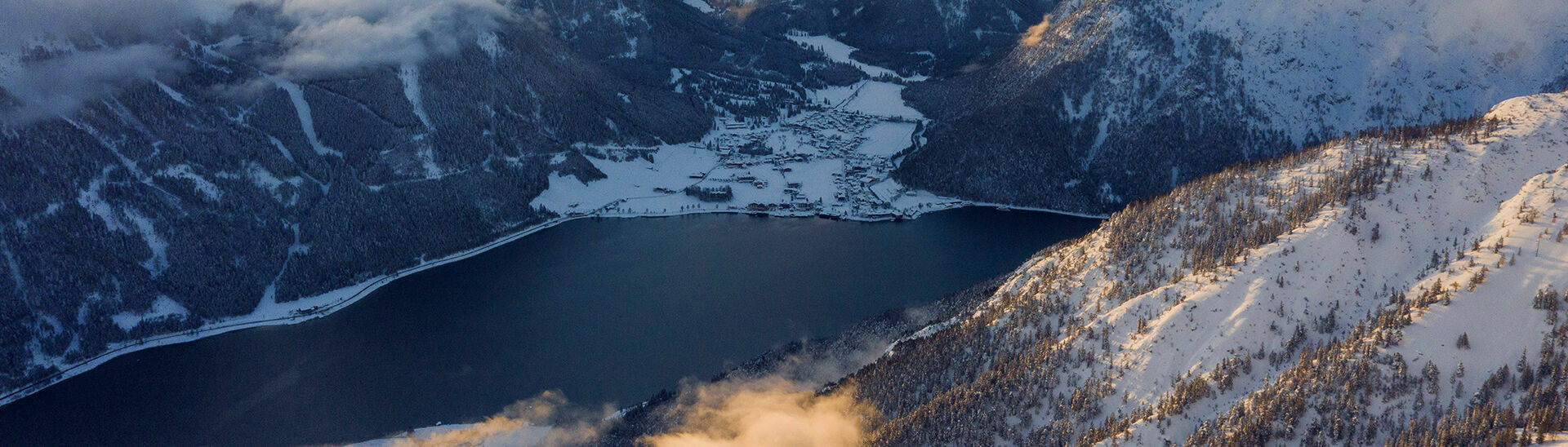 View of the snow-covered village of Pertisau which lies on the western shore of Lake Achensee. 