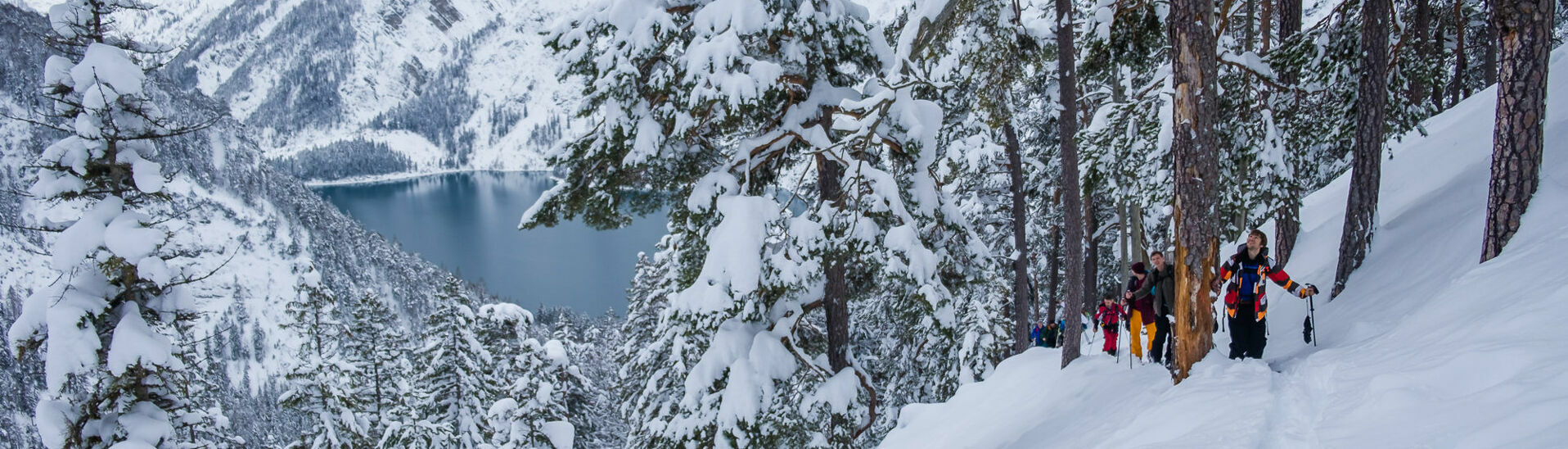 Teilnehmer des Splitboard Festivals unterwegs im Gelände mit Blick auf den Achensee.