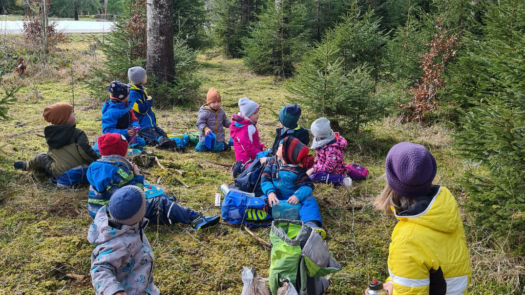 Eine Gruppe Kinder genießen ihre Jause in einem Wald am Achensee.