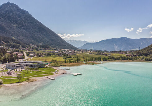 Aerial view of the Atoll Achensee in brilliant sunshine.