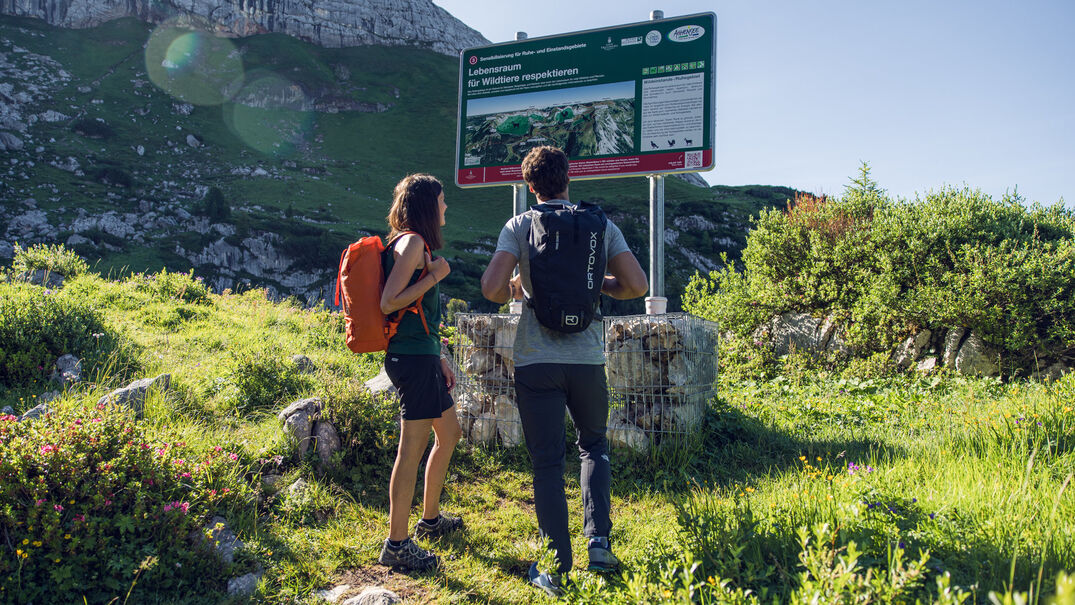 Ein Pärchen erkundet den Naturlehrpfad Rofan und informiert sich über das richtige Verhalten in der Natur. 