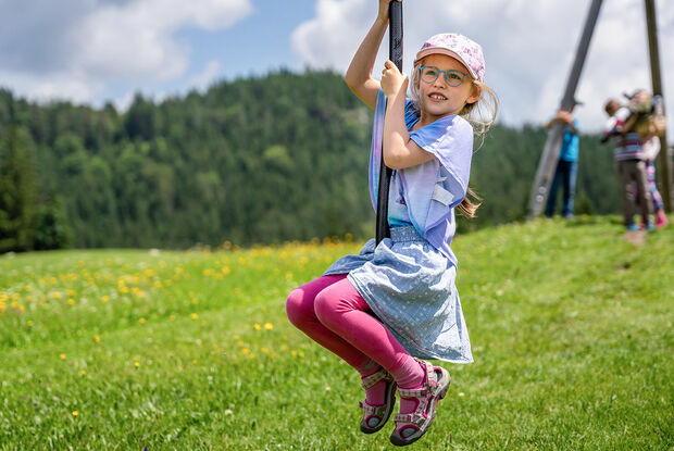 Kinder genießen den Spielplatz in Steinberg am Rofan inmitten schöner Blumenwiese.