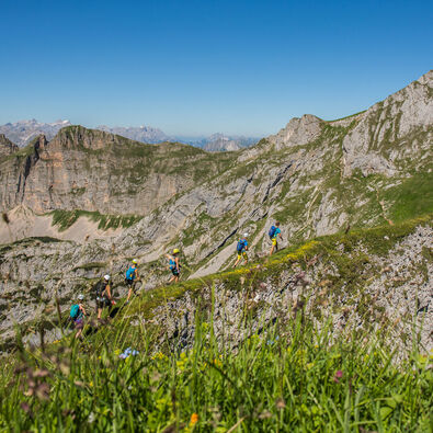 Eine Gruppe Klettersteigcampteilnehmer wandern in Richtung Hochiss bei strahlend blauem Himmel.