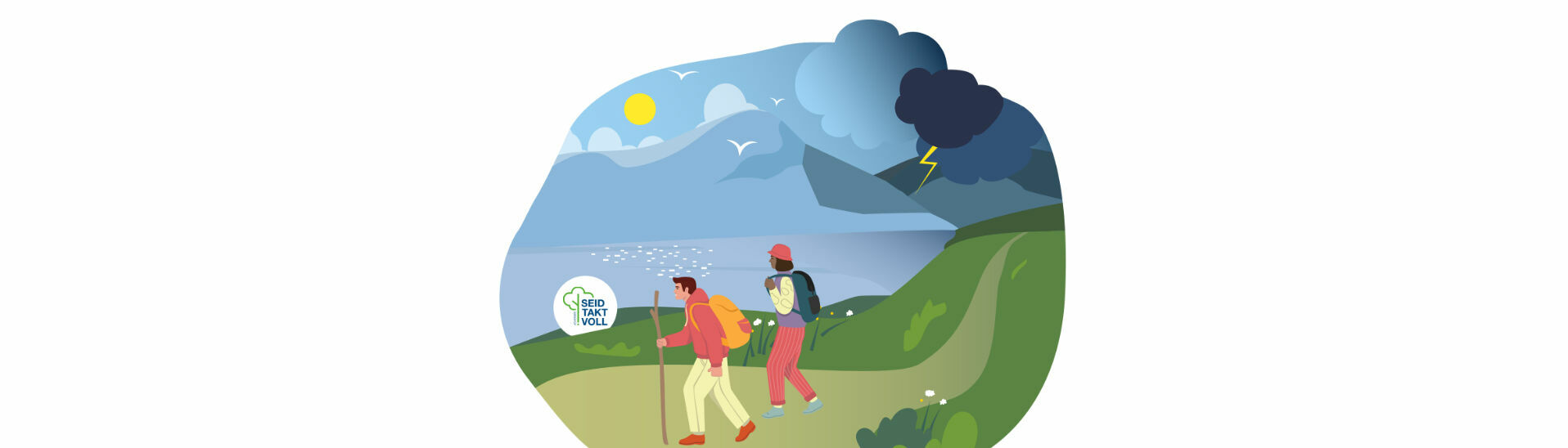 Die Grafik Taktvoll am Achensee zeigt zwei Wanderer bei einer Tour während eines Gewitters. Wir möchten an dieser Stelle auf die richtige Tourenplanung hinweisen.