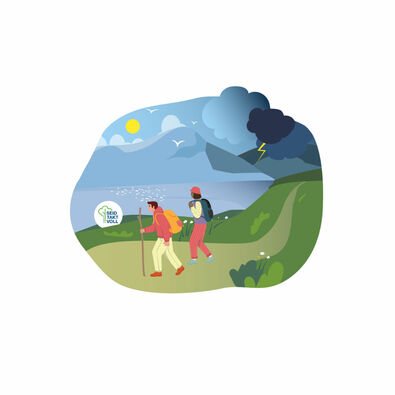 The graphic Taktvoll am Achensee shows two hikers on a tour during a thunderstorm. We would like to take this opportunity to emphasise the importance of correct tour planning.