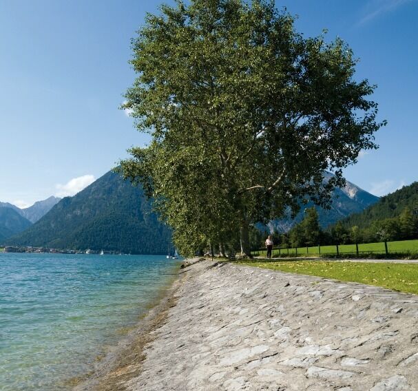 laufen in Maurach - unterwegs am Seeufer bei Buchau - im Hintergrund Schiffs