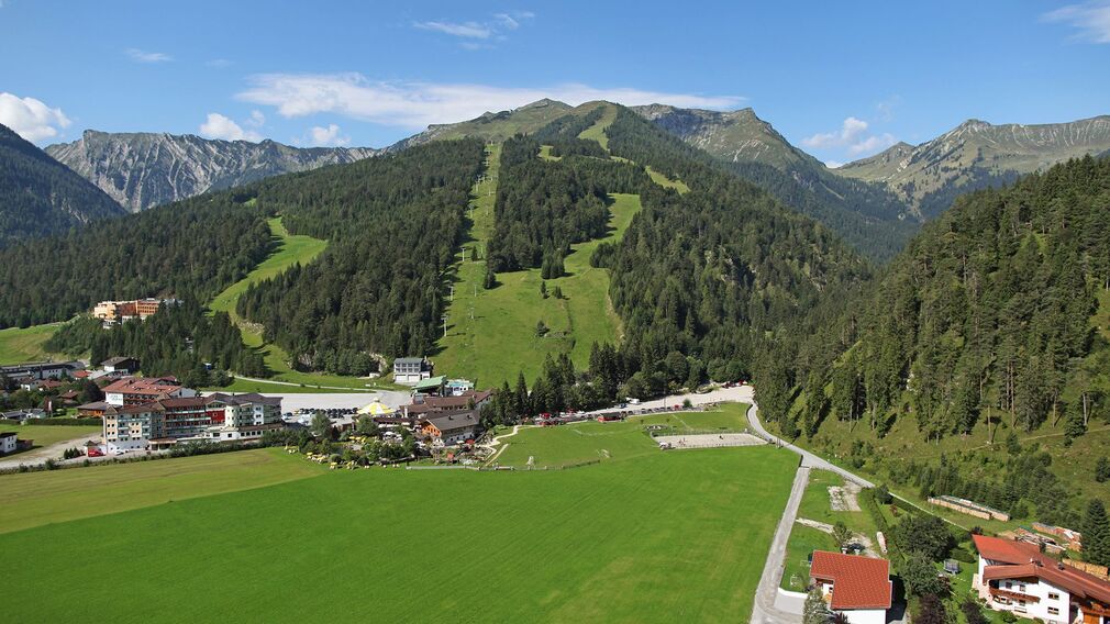 view of the ski area Christlum with the entrance to the Unterautal valley