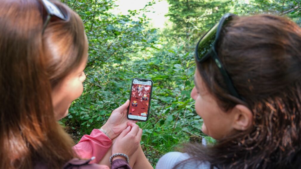 Two friends explore the interactive "Besinnung am Achensee" themed trail between Maurach and Pertisau.