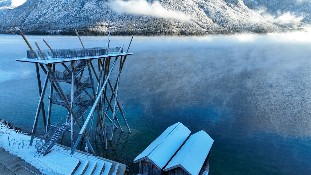 view of the viewing platform at the entrance to Pertisau