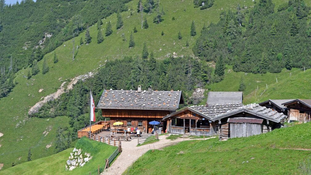 Blick auf die Dalfaz Alm, dahinter das Klobenjoch